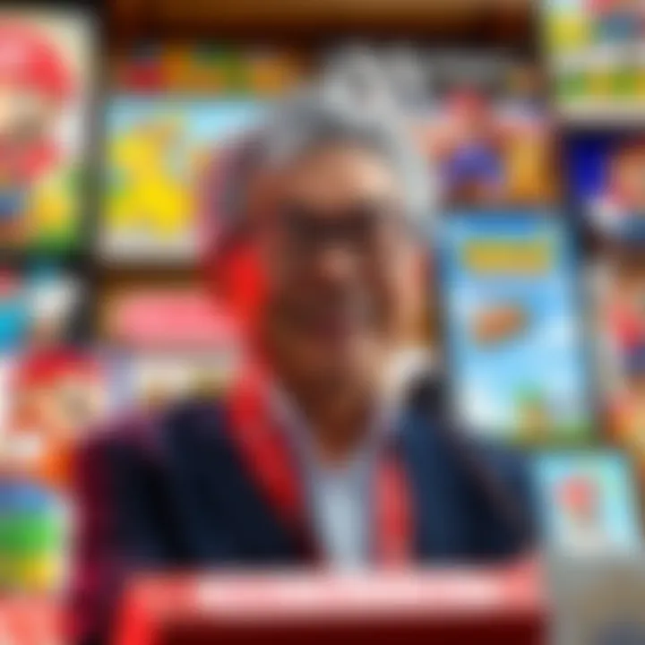 Takashi Tezuka Retirement Announcement Takashi Tezuka smiles during a press conference announcing his retirement from Nintendo, surrounded by iconic game artwork.