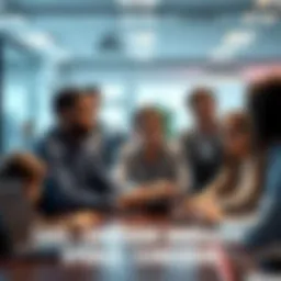 A group of concerned employees in an office meeting discussing gaming development issues after changes to Take-Two's AI team