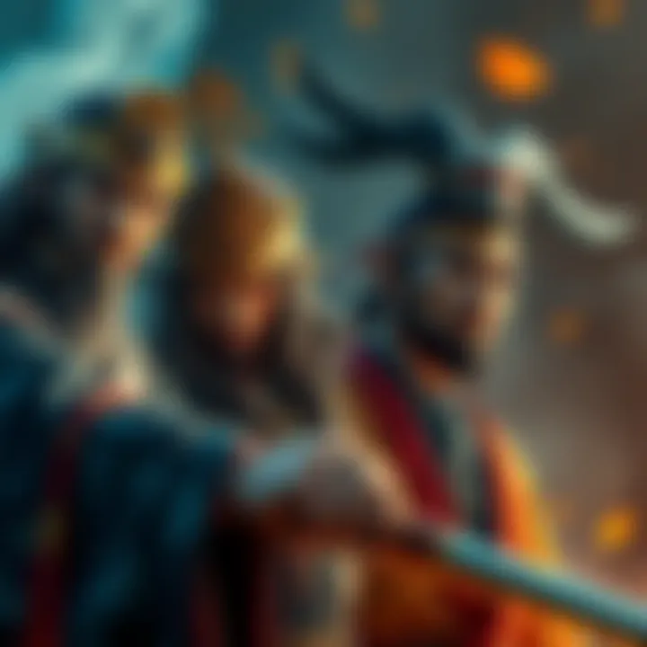 Four characters representing Takeda's Four Heavenly Kings look determined as they confront unexpected obstacles, showcasing their strength and resilience.