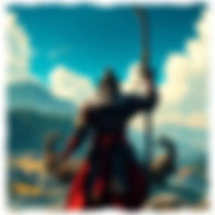 A warrior preparing for a fight against Takezo in a scenic landscape, showcasing the Armor of the Undying and Futsunushi Charm.