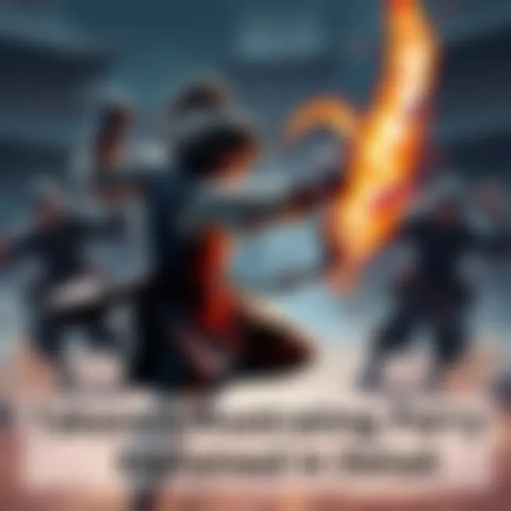 Takezo in Action Takezo character attempting a parry move in a battle scene, showing frustration on players' faces in the background.