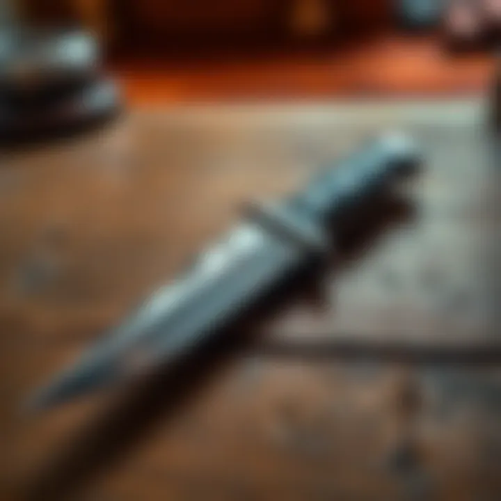 A close-up view of Takkar's knife resting on a wooden surface, with detailed engravings and a shiny blade.