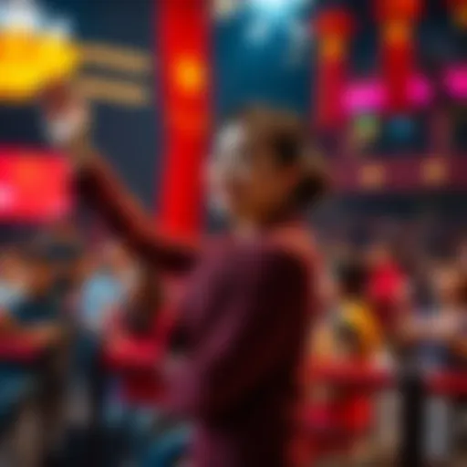 A confident woman showcasing her talent in front of an audience, celebrating her achievements while representing China.