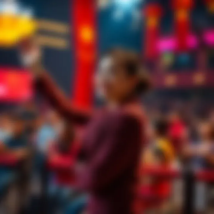 A confident woman showcasing her talent in front of an audience, celebrating her achievements while representing China.
