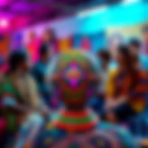 A close-up view of the Tali - Mag Heirloom showcasing its unique design and bright colors, with community members discussing its significance in the background.