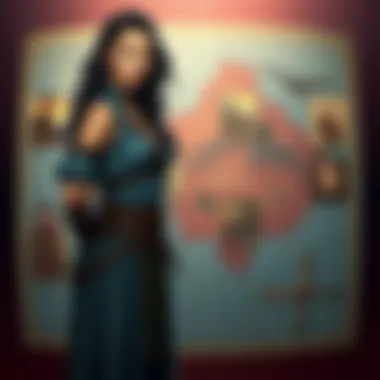 Talia Connecting with Other Characters Talia stands in front of a map showing key locations in the war-torn country of Kamona, alongside images of other characters linked to her story.