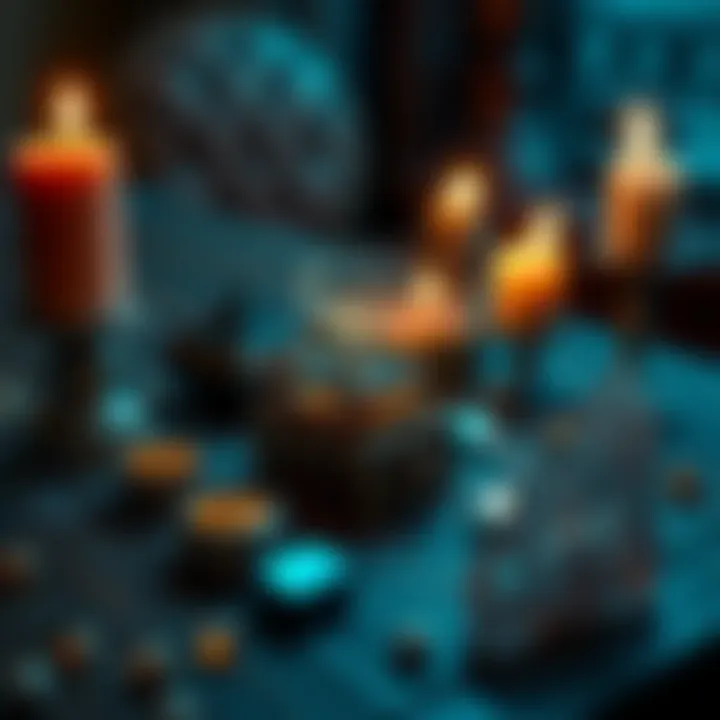 Talisman on a table A close-up of a legendary talisman placed on a wooden table, surrounded by candles and crystals, showcasing its magic and significance among people.