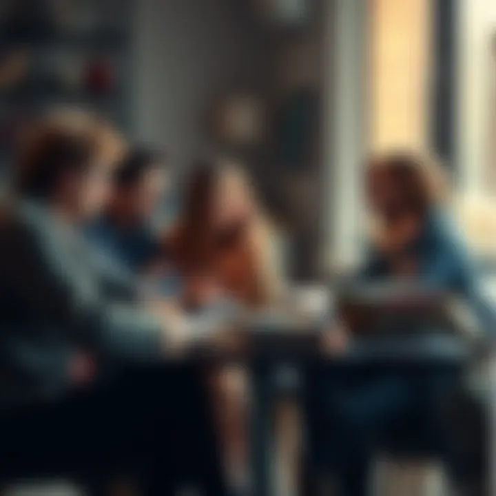 A group of friends discussing feelings at a table with D&D materials, conveying support and understanding.