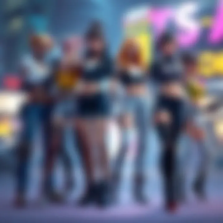 Several tall female characters from various video games standing together, showcasing their unique styles and confidence in a vibrant gaming environment.