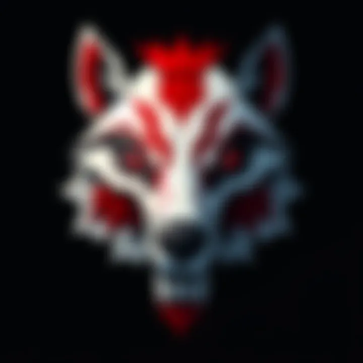Close-up of the Talon logo resembling a wolf's face, featuring red, white, and black colors that highlight the skull, ears, snout, eyebrows, and eyes.