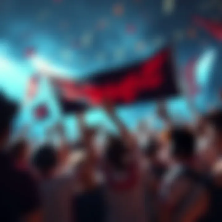 A group of gamers celebrates Talon's victory with banners and cheers. The atmosphere is energetic, filled with joy and excitement.