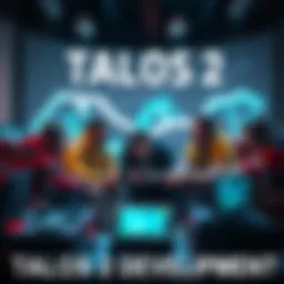 Gamers discussing the challenges of developing Talos 2 with gaming equipment around them