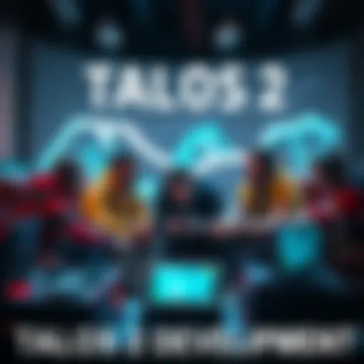 Gamers discussing the challenges of developing Talos 2 with gaming equipment around them