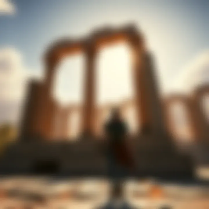 A character exploring a beautiful ancient ruin with a bright sky above.