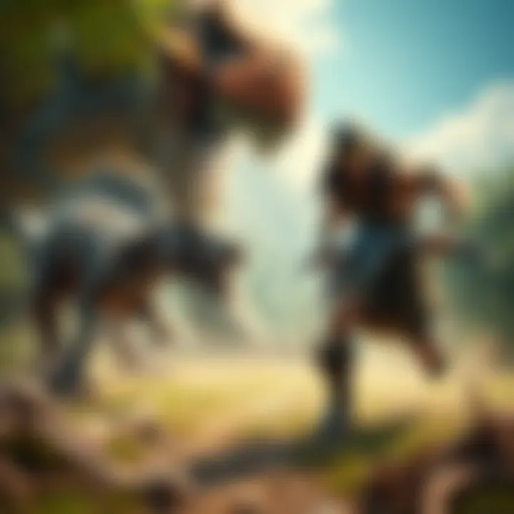 A dynamic scene of Tal'Set, the main character from Turok: Evolution, fighting against dinosaurs in a lush, prehistoric environment.