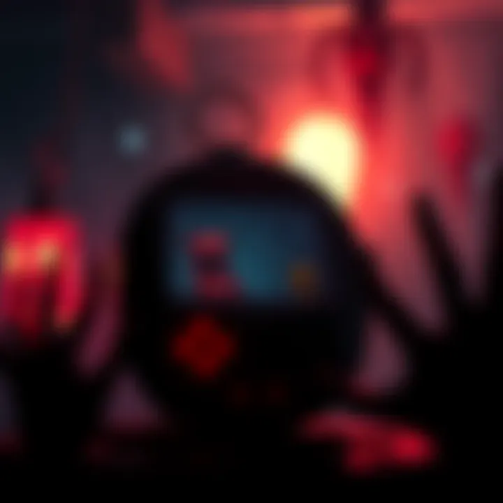 A dark, spooky digital pet in a gloomy virtual setting with eerie lights and shadows, showing a mix of nostalgia and horror.