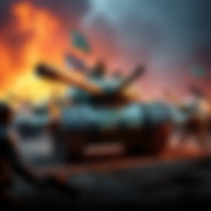 A tank character stands strong in a battleground while support players strategize around them, emphasizing teamwork and health management.