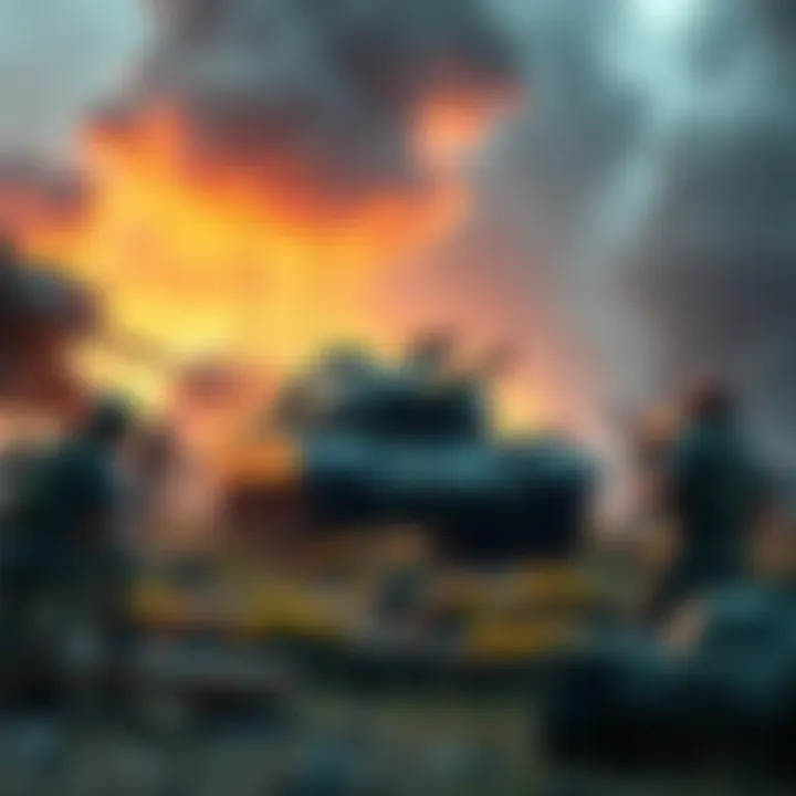 A tank positioned on a battlefield, surrounded by players strategizing for the next move.