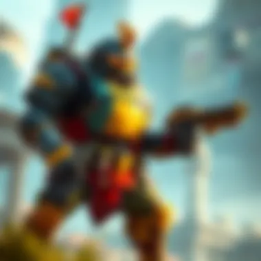 Tank character in action A tank character styled like a warrior with heavy armor, standing strong in a game setting, ready to protect teammates in a 5v5 match.