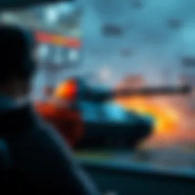A gamer controlling a tank character stands in front of a virtual battlefield, showing frustration after a poor match. Teammates can be seen in the background, indicating a challenging team dynamic.