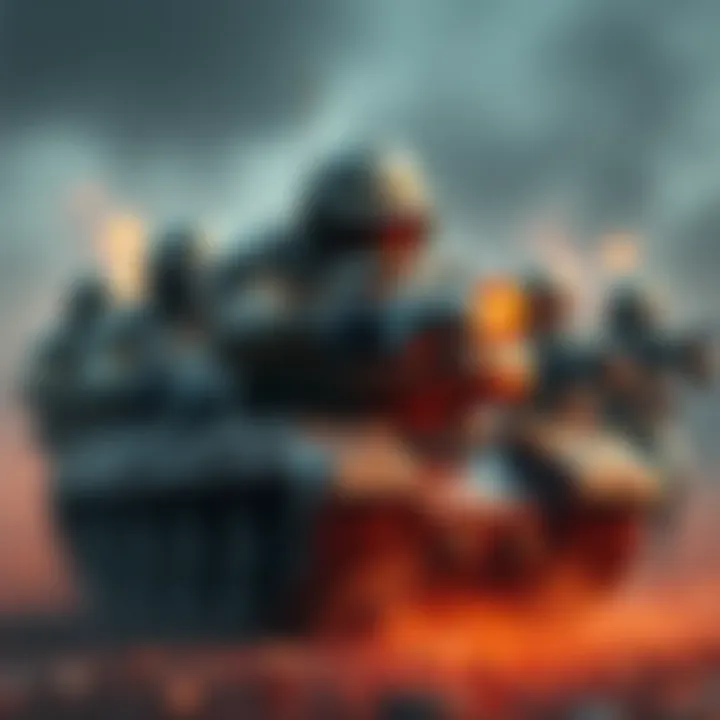 A tank character in gaming stands strong at the forefront, blocking attacks to shield their teammates during a battle, showcasing teamwork and defense.