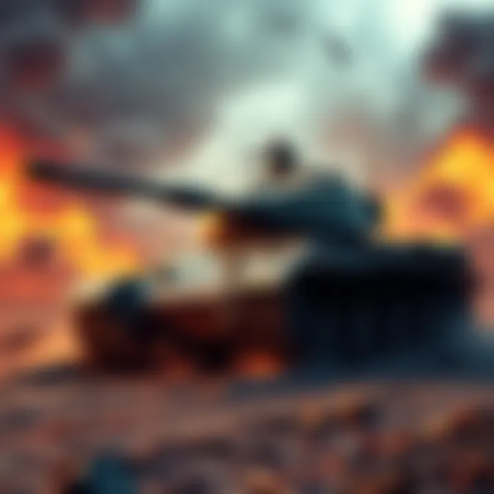 A historic scene depicting a damaged tank on a battlefield, highlighting the aftermath of a significant military defeat.