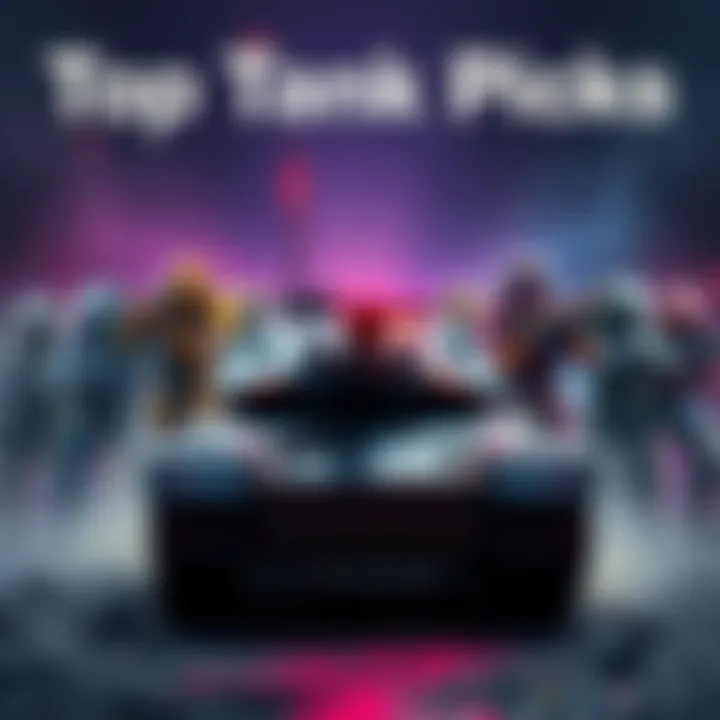 A group of tank heroes from a game standing together, ready for battle, representing teamwork in gameplay.