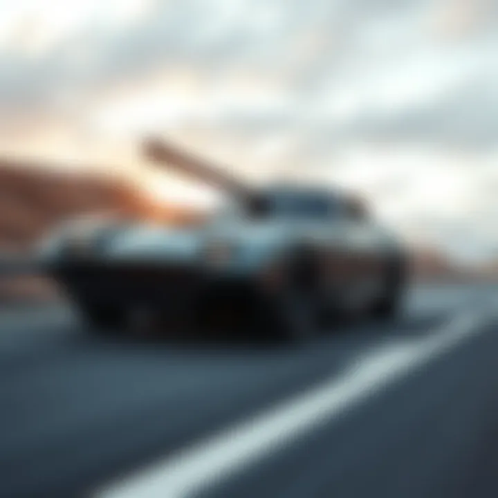 Tank-like car on the road A powerful car with a solid build driving on a highway, showcasing its impressive performance and stability.