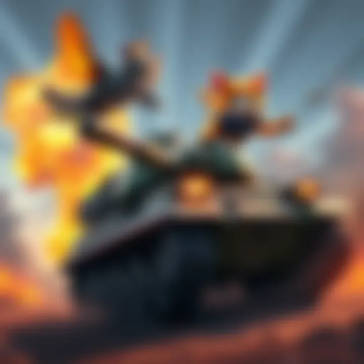 A tank character stands ready to defend against a speedy Jetpack Cat flying overhead, showcasing a battle scene with teamwork and strategy in a colorful game environment.
