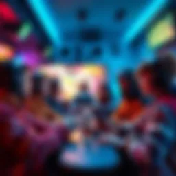 A group of gamers discussing their most hated opponents in a vibrant gaming lounge