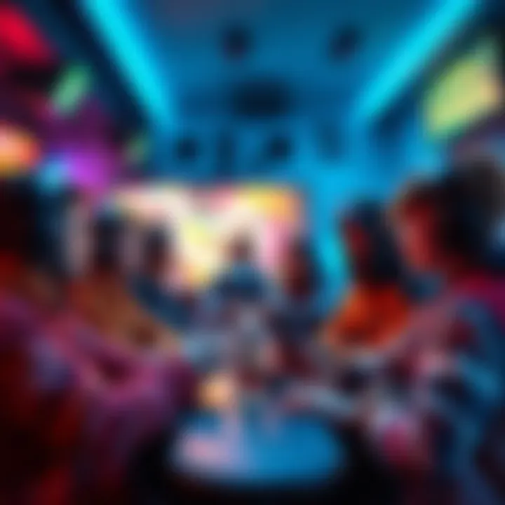 A group of gamers discussing their most hated opponents in a vibrant gaming lounge