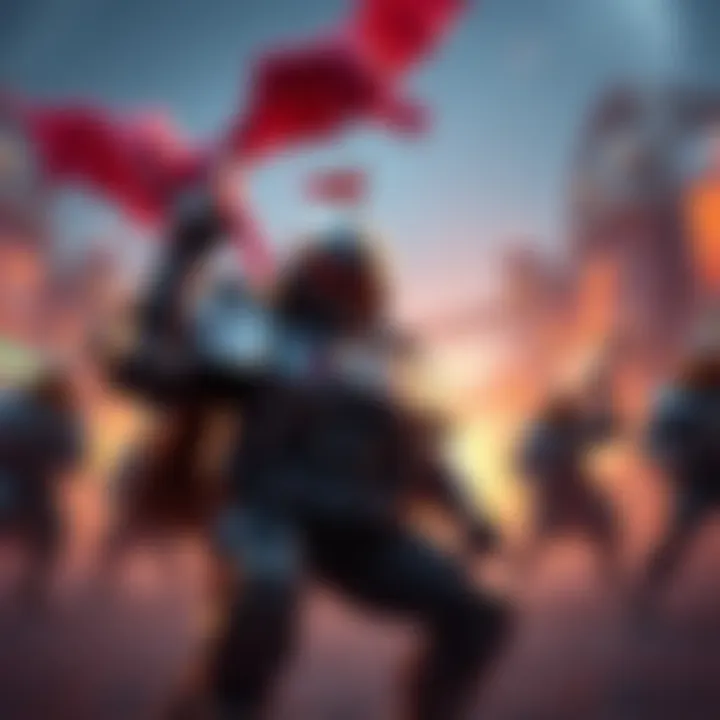 A tank character stands in a gaming environment, shield raised, ready to protect teammates during a 5v5 battle.