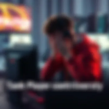 A gamer sitting at their computer, visibly frustrated, surrounded by game elements and messages about rule violations
