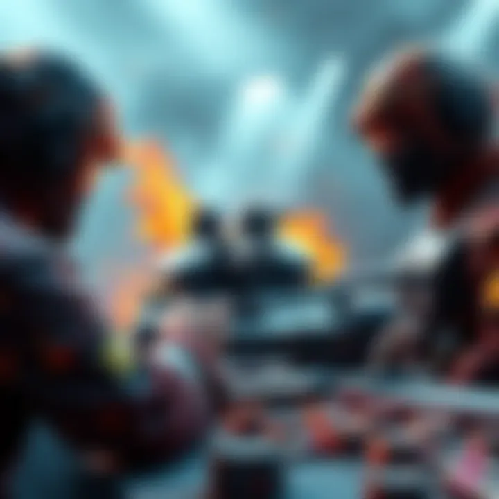 Tank player strategizing in a team battle A tank player discusses strategies with teammates while facing aggressive opponents in a game