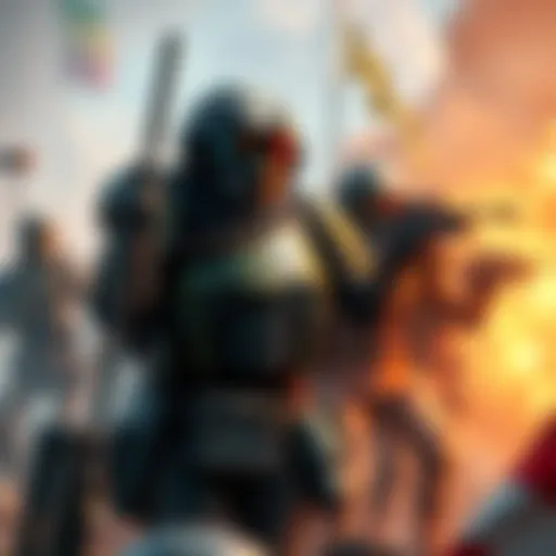 A tank player in armor rallying teammates for an attack, with a cautious group in the background, set in a vibrant gaming environment.