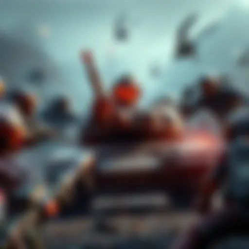 Tank player under attack A tank player surrounded by multiple opponents, showcasing their defensive stance while being targeted by enemy characters in a game setting.