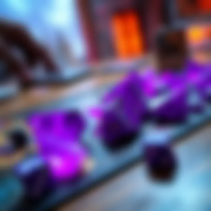Close-up of glowing Taoforged purple shards placed on a gaming table with dice and strategy cards