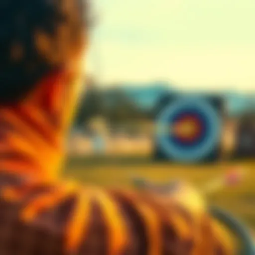 A person aiming a bow and arrow at a target during practice.