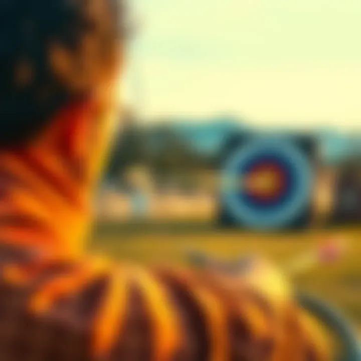 A person aiming a bow and arrow at a target during practice.