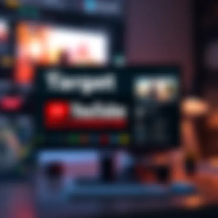 A visual representation of targeted advertising on YouTube, with a computer screen showing ad analytics and audience insights.
