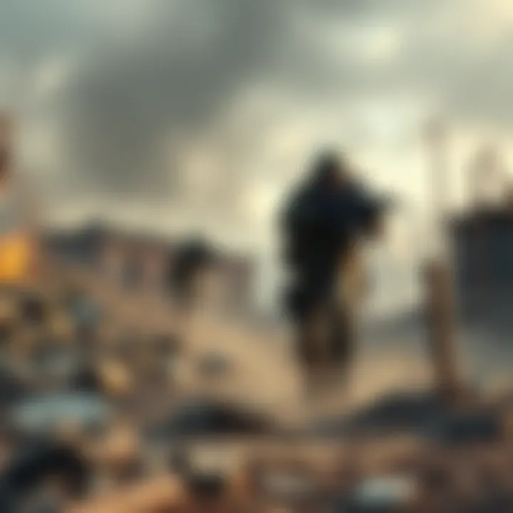 A player in Tarkov engaged in intense PVE action, navigating through a war-torn environment with weapons drawn, showcasing the game's atmosphere and combat mechanics.