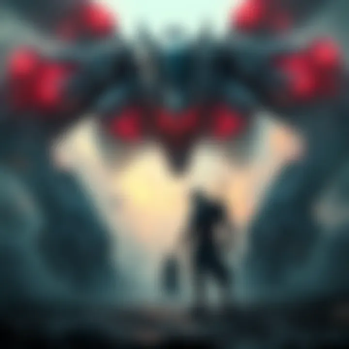 A lone tarnished warrior stands ready for battle against a massive armored core machine, showcasing the clash of strength and strategy in a fantasy setting.