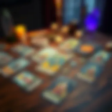 A colorful spread of tarot cards laid out on a wooden table with candles and crystals nearby