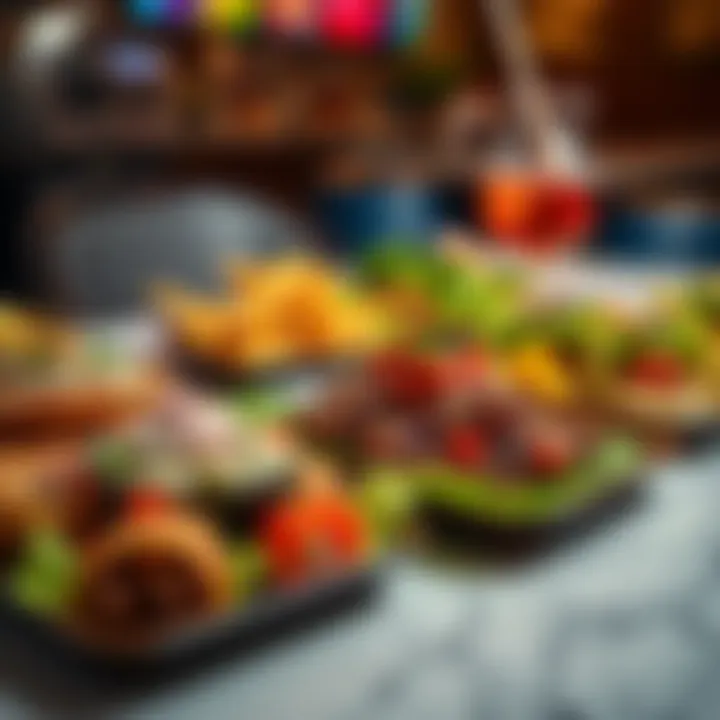 A vibrant display of Kunfa's bean tostadas, Azuz's gator BBQ, and Suja's lettuce wraps on a table