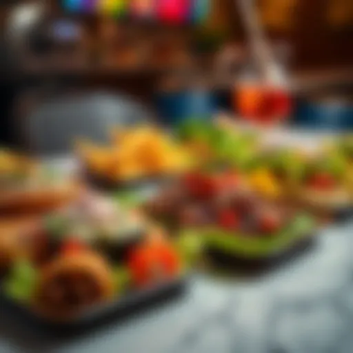 Tasty food spread featuring Kunfa, Azuz, and Suja dishes A vibrant display of Kunfa's bean tostadas, Azuz's gator BBQ, and Suja's lettuce wraps on a table