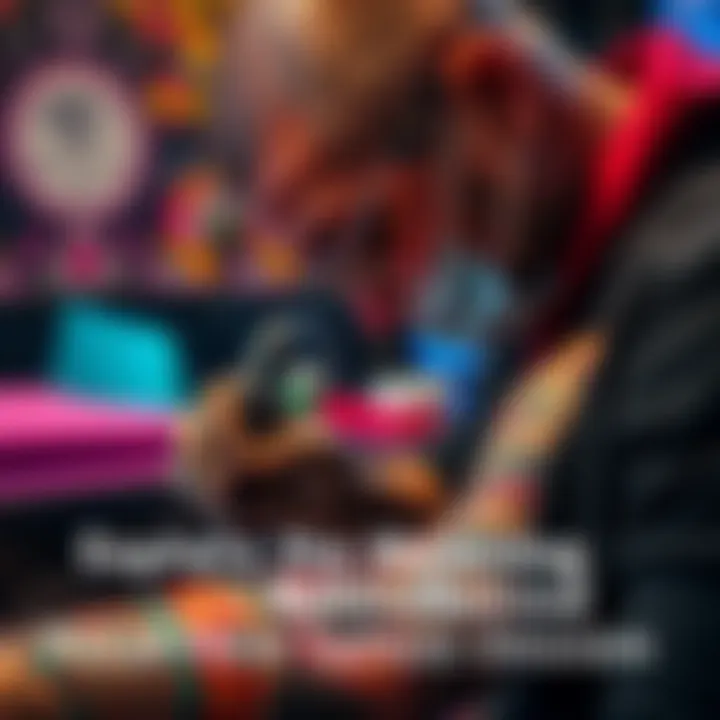 Tattoo artist working on design A tattoo artist focuses on a colorful tattoo being inked on a person's arm, showcasing intricate designs and patterns.