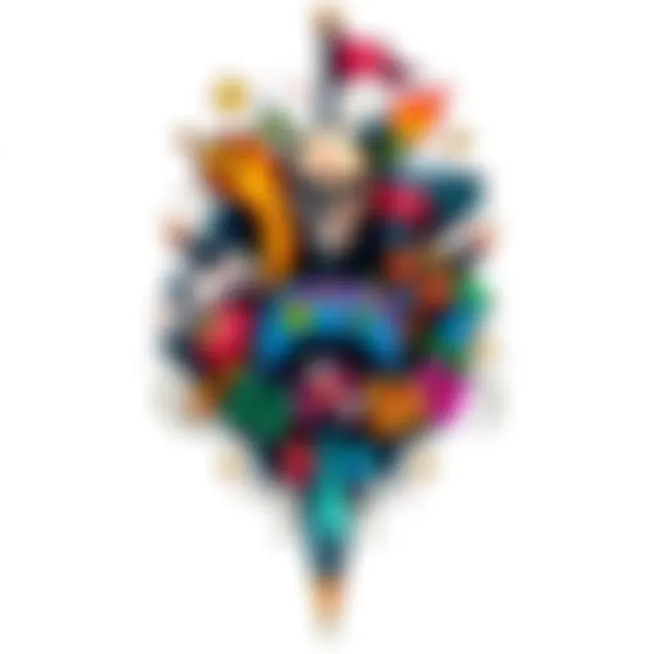 A colorful tattoo design featuring elements from different video games, showcasing characters and symbols that represent gaming culture.
