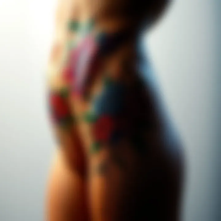 Full waist-down tattoo design featuring floral elements and abstract lines