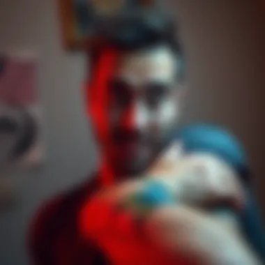 Tattoo Regret A person looking at a humorous tattoo on their arm with a surprised expression, showing a mix of laughter and regret.