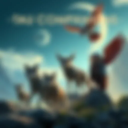 A scene featuring Tau wolves, snakes, and owls as potential companions for the Tau characters, showcasing a vibrant and adventurous setting.